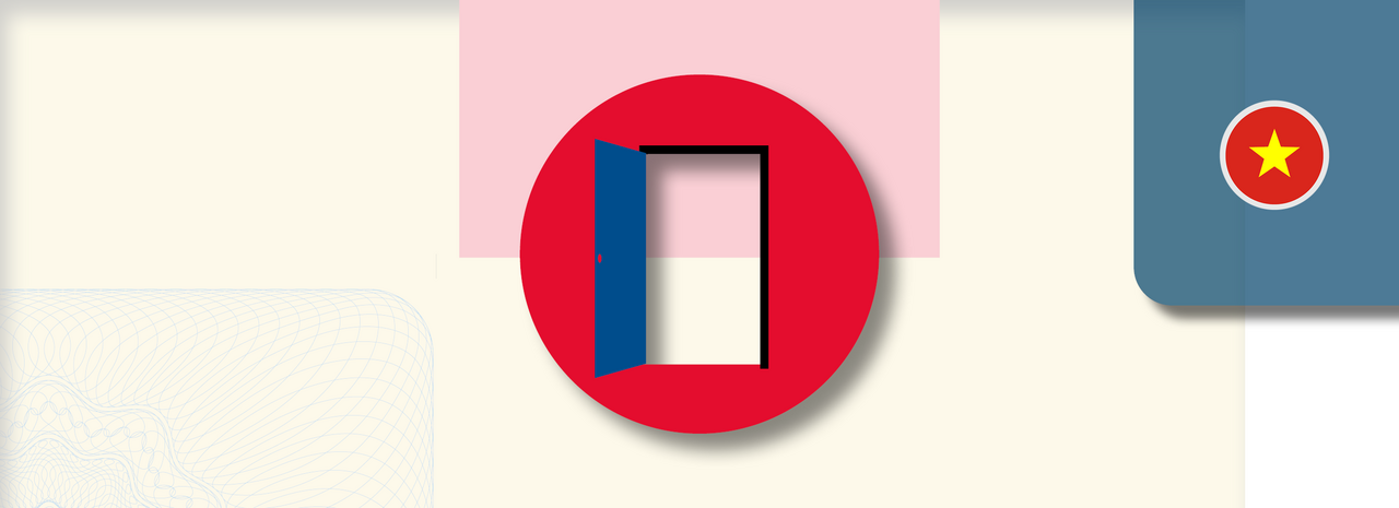 Grafik zeigt ein rotes Kreis-Symbol mit einer geöffneten blauen Tür in der Mitte, als Zeichen für Einladung oder Zugang. Rechts oben befindet sich ein rundes Icon mit der Flagge Vietnams.