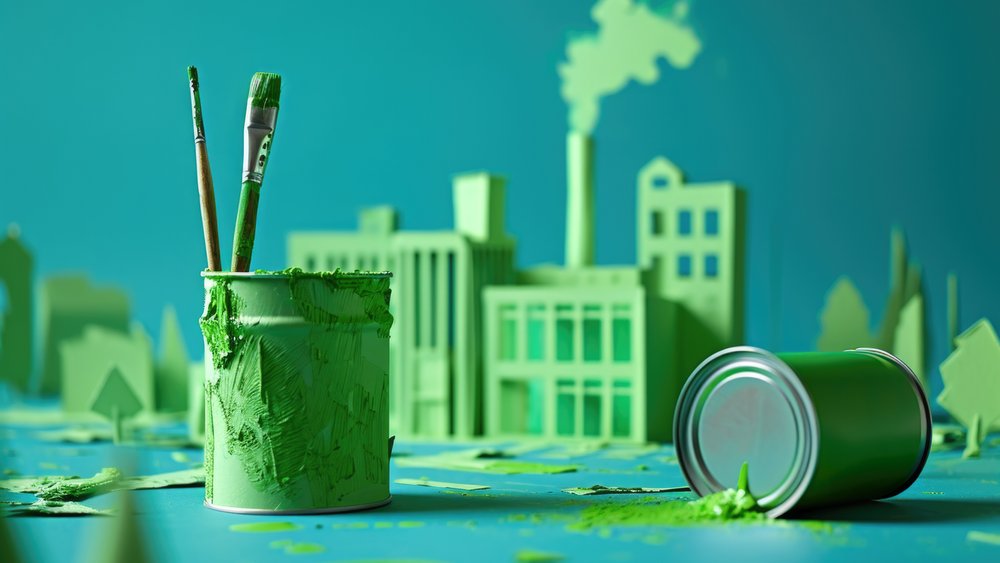 Pinsel in einem Farbeimer mit grüner Farbe vor stilisierter Fabriklandschaft mit rauchendem Schornstein, symbolische Darstellung nachhaltiger Industrie oder von Greenwashing.