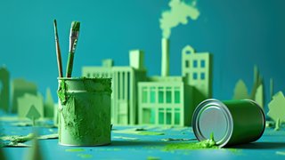 Pinsel in einem Farbeimer mit grüner Farbe vor stilisierter Fabriklandschaft mit rauchendem Schornstein, symbolische Darstellung nachhaltiger Industrie oder von Greenwashing.