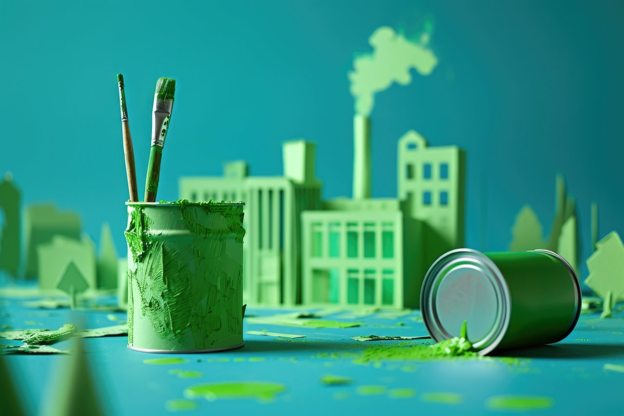 Pinsel in einem Farbeimer mit grüner Farbe vor stilisierter Fabriklandschaft mit rauchendem Schornstein, symbolische Darstellung nachhaltiger Industrie oder von Greenwashing.