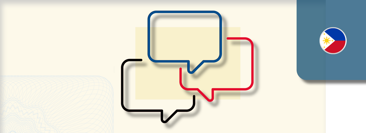 Grafik zeigt drei stilisierte Sprechblasen in Schwarz, Blau und Rot, die sich überlappen und Kommunikation symbolisieren. Rechts oben befindet sich ein rundes Icon mit der Flagge der Philippinen.