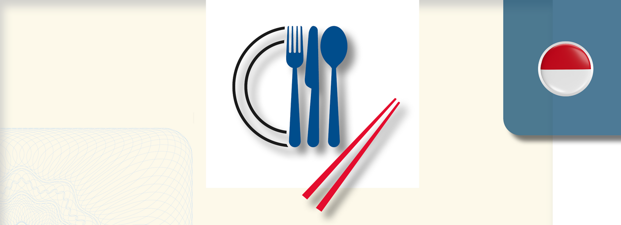 Grafik zeigt ein stilisiertes Essenssymbol: ein Teller mit Gabel und Löffel in Blau sowie rote Essstäbchen diagonal davor. Rechts oben befindet sich ein rundes Icon mit der Flagge Indonesiens..