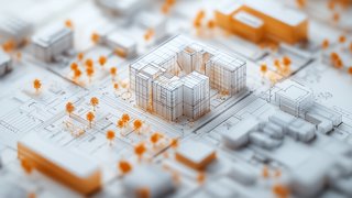 Architekturmodell einer städtischen Bebauung mit mehreren modernen Gebäuden in Weiß, dargestellt auf einem detaillierten Bauplan. Um die Gebäude herum befinden sich stilisierte orangefarbene Bäume, Straßenverläufe und Grundstücksgrenzen, was auf eine geplante Stadtentwicklung oder Bauprojekt hindeutet.