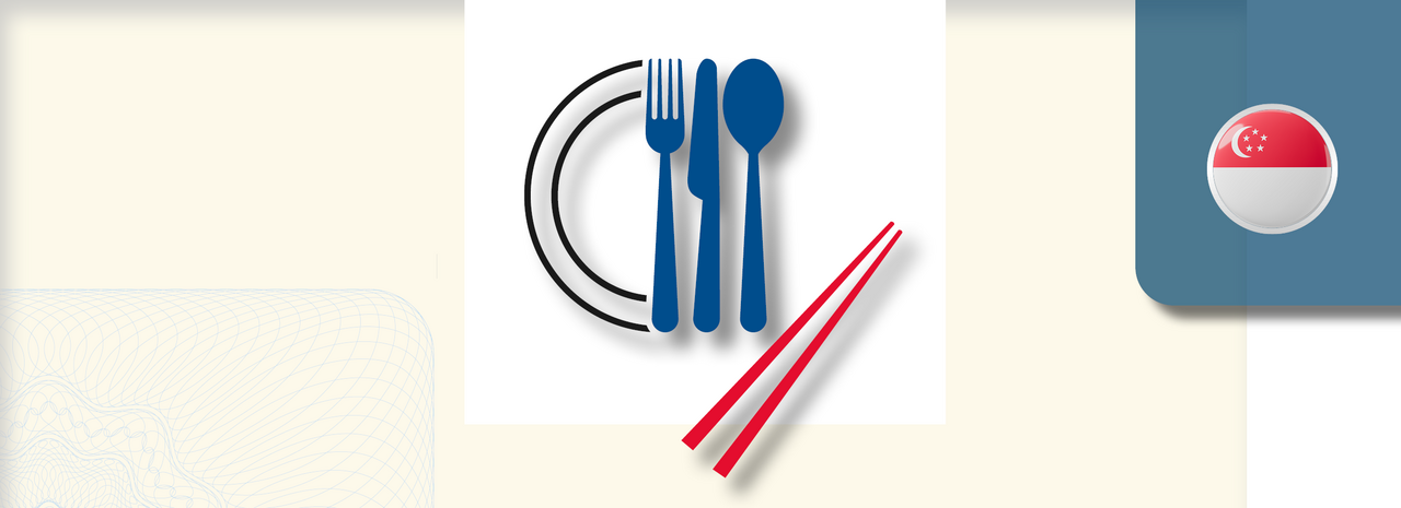 Grafik zeigt ein stilisiertes Essenssymbol: ein Teller mit Gabel und Löffel in Blau sowie rote Essstäbchen diagonal davor. Rechts oben befindet sich ein rundes Icon mit der Flagge Singapurs.