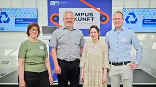 Initiatoren und Referentin des aktuellen Netzwerks Personalentwicklung auf dem Campus Zukunft in Neuss (v.l.): Veronika von Rüden (Referentin der Veranstaltung), Arnd Thierfelder (IHK-Referent Fachkräftesicherung) sowie die IHK-Fachberater Büsra Baran und Larson Arend. 