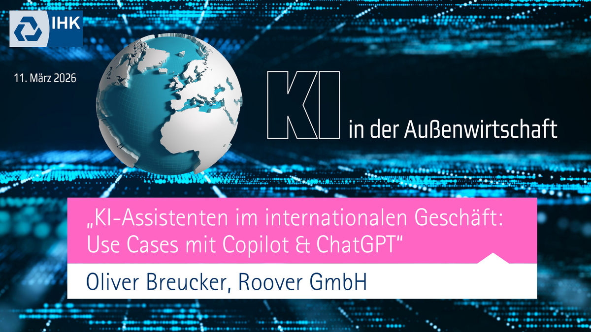Das Bild zeigt das Titelblatt einer Präsentation im Rahmen der Webinar-Reihe "KI in der Außenwirtschaft" 