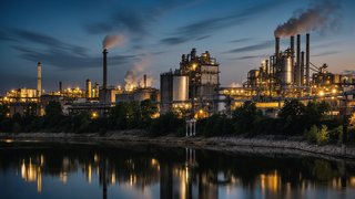 Große Industrieanlage bei Abenddämmerung, beleuchtete Gebäude und Schornsteine stoßen Rauch aus, Spiegelung im ruhigen Fluss im Vordergrund.