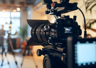 Professionelle Videokamera auf einem Stativ in einem hellen Innenraum. Im unscharfen Hintergrund sind weitere Kameratechnik und eine Person bei einer Film- oder Videoaufnahme zu erkennen.