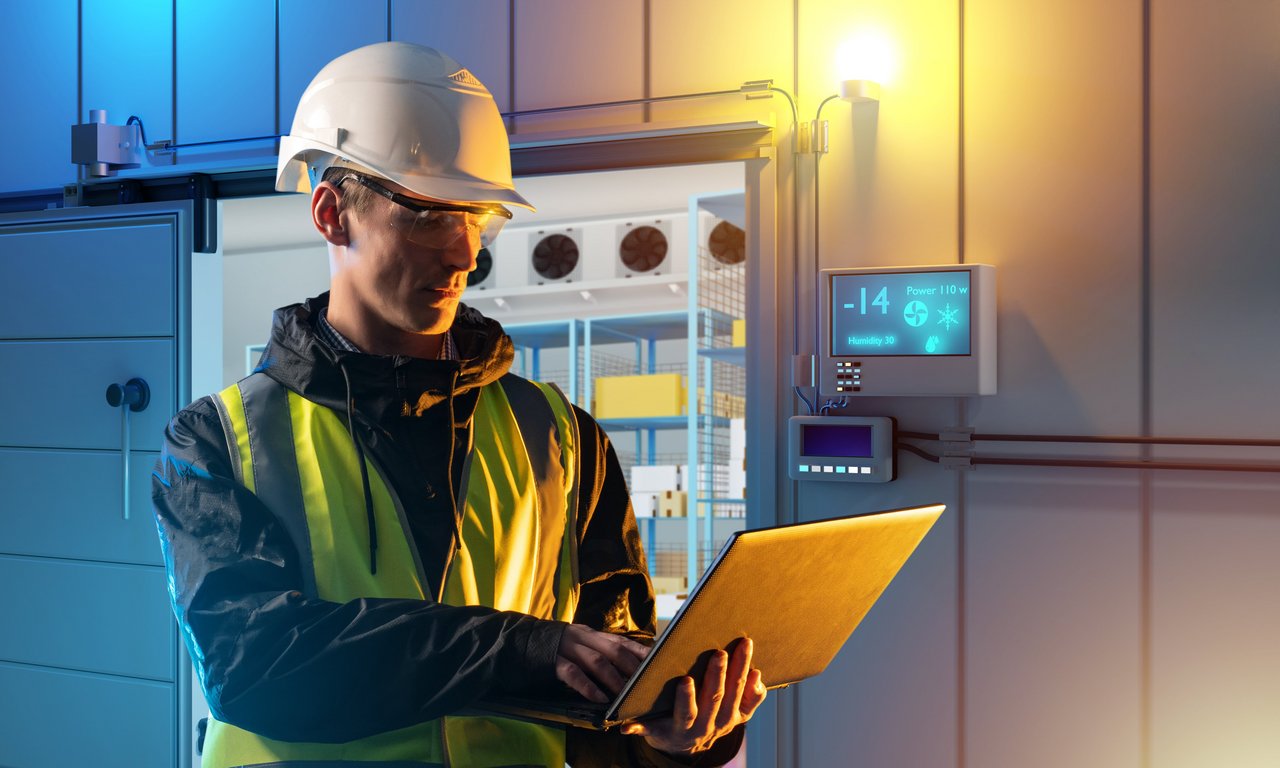 Ein Arbeiter mit Schutzhelm und Warnweste steht vor einem Kühlraum, arbeitet an einem Laptop und überwacht die Temperaturanzeige an der Wand, die −14 °C zeigt.