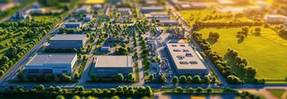 Luftaufnahme eines modernen Gewerbegebiets mit großen Industriehallen, Straßen und Grünflächen, aufgenommen bei Sonnenuntergang.