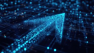 Leuchtender Pfeil aus blauen Lichtpunkten auf einer digitalen, vernetzten Oberfläche, der nach oben rechts weist.