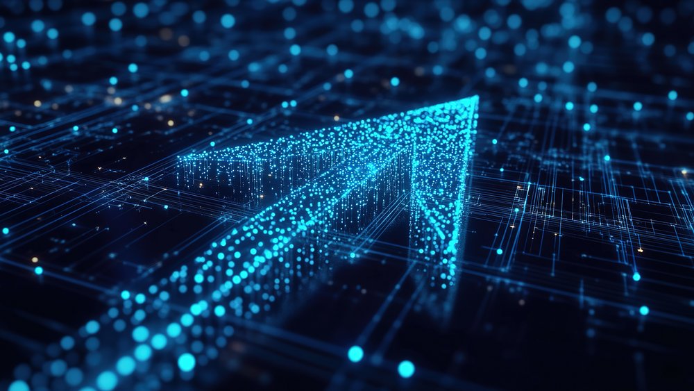 Leuchtender Pfeil aus blauen Lichtpunkten auf einer digitalen, vernetzten Oberfläche, der nach oben rechts weist.