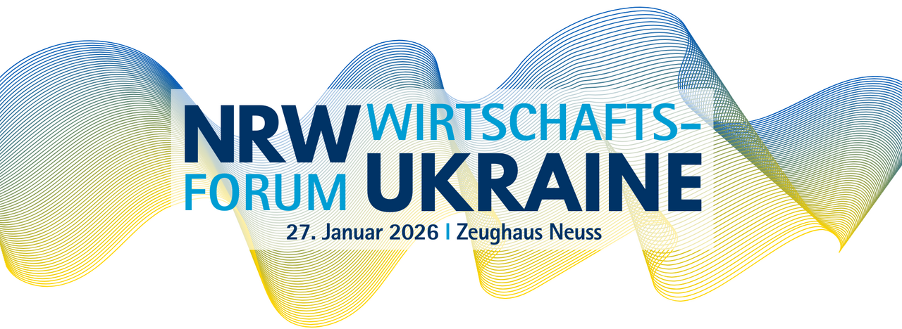 Grafische Darstellung der Ukraine in Blau und Gelb mit Flagge zur Bewerbung des Ukraine Wirtschaftsforums NRW