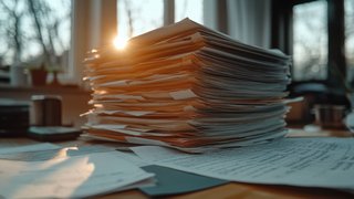 Ein großer Stapel Papiere liegt auf einem Holzschreibtisch, der in warmes Sonnenlicht getaucht ist, das durch ein Fenster strömt. Die Szene vermittelt Themen wie Organisation, Produktivität und Entrümpelung in einer ruhigen, natürlichen Umgebung. Perfekt für geschäftliche oder private Produktivitätsthemen.