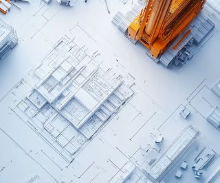 Draufsicht auf ein technisches Architekturmodell mit detaillierten Grundrissen und 3D-Darstellungen von Gebäudestrukturen; ein orangefarbener Baukran sticht farblich hervor und deutet auf eine aktive Baustelle hin.