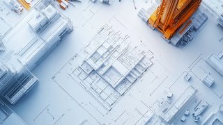 Draufsicht auf ein technisches Architekturmodell mit detaillierten Grundrissen und 3D-Darstellungen von Gebäudestrukturen; ein orangefarbener Baukran sticht farblich hervor und deutet auf eine aktive Baustelle hin.