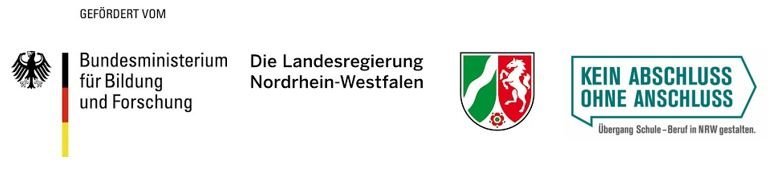 Das Bild zeigt die zusammengefassten Logos vom Bundesministerium für Bildung und Forschung, von der Landesregierung Nordrhein-Westfalen und von der Initiative "Kein Abschluss ohne Anschluss".