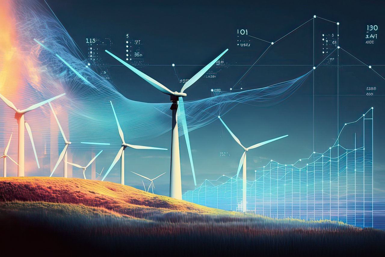 Windkraftanlagen auf einem hügeligen Feld bei Sonnenuntergang, mit überlagerten digitalen Grafiken und Datenvisualisierungen, die Energieerzeugung und Netzanalysen symbolisieren.