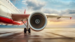 Nahaufnahme eines großen Flugzeugtriebwerks auf einem Rollfeld bei Sonnenaufgang. Der Jet gehört zu einem Passagierflugzeug mit rot-weißer Lackierung. Der Himmel ist leicht bewölkt, die Sonne steht tief.