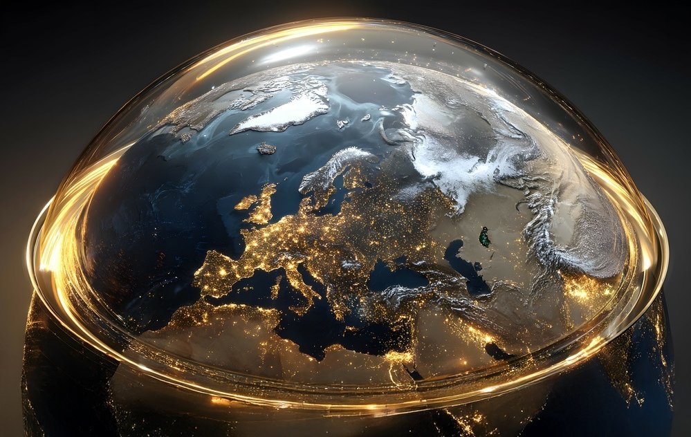 Stilisierte Darstellung der Erde mit Fokus auf Europa bei Nacht, beleuchtet von zahlreichen Lichtern und umgeben von einem leuchtenden Ring und Glasglocke.