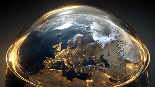 Stilisierte Darstellung der Erde mit Fokus auf Europa bei Nacht, beleuchtet von zahlreichen Lichtern und umgeben von einem leuchtenden Ring und Glasglocke.