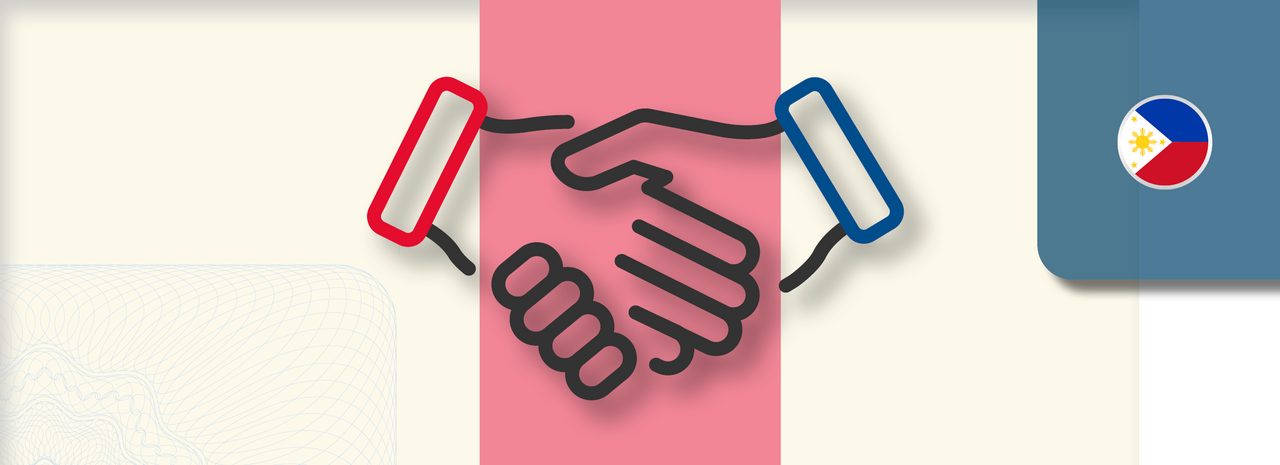 Grafik zeigt zwei stilisierte Hände, die sich zum Handschlag treffen. Die linke Hand ist mit einem roten Ärmel, die rechte mit einem blauen Ärmel dargestellt. Rechts oben befindet sich ein rundes Icon mit der Flagge der Philippinen.