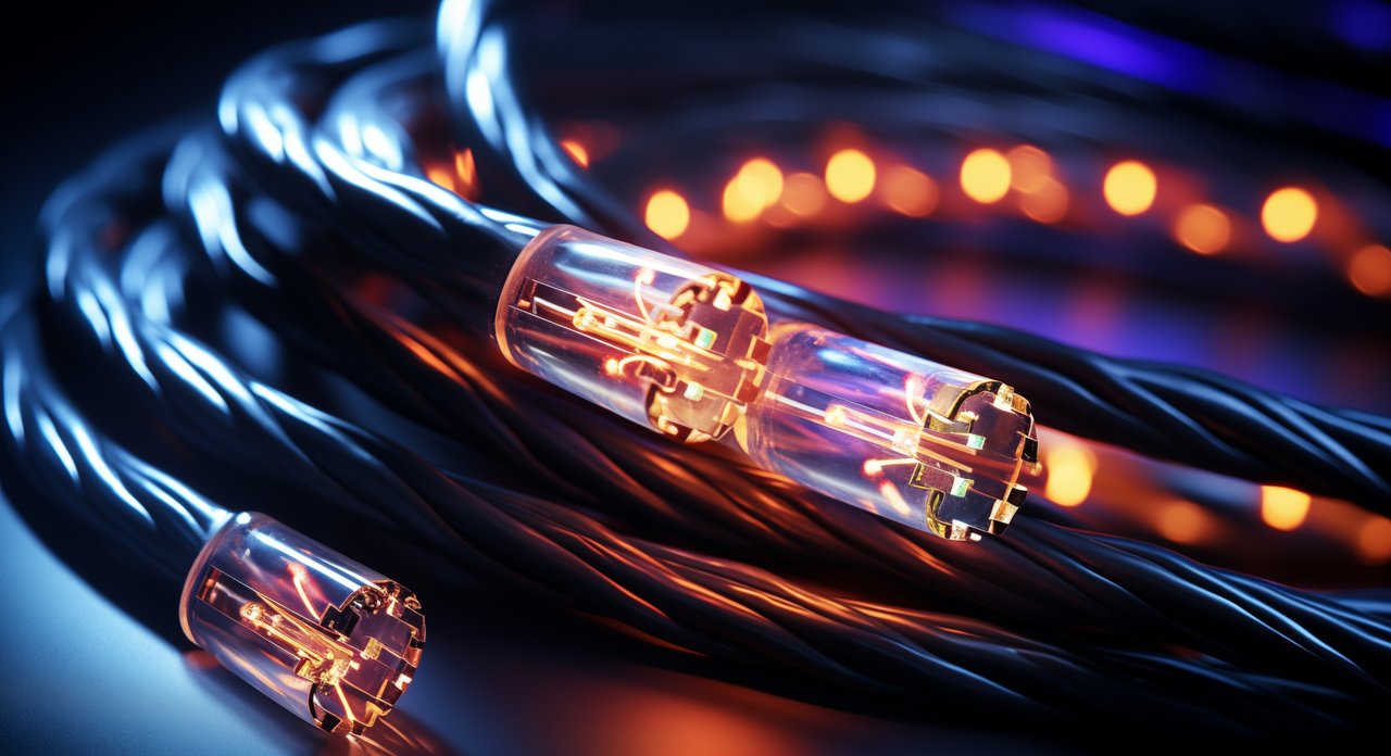 Nahaufnahme mehrerer leuchtender Glasfaserkabel mit sichtbaren Lichtimpulsen und Steckverbindern, die für Datenübertragung verwendet werden; die Kabel sind in einem dunklen, technisch anmutenden Umfeld dargestellt.