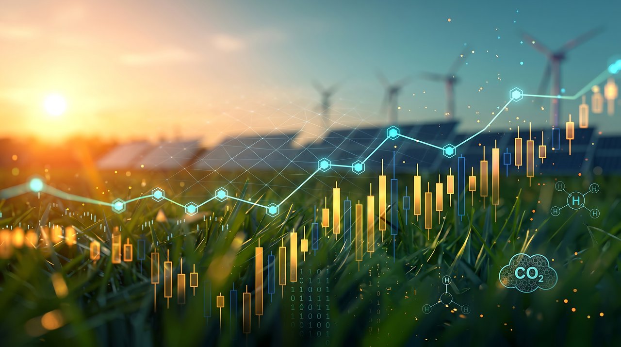 Illustration von Solarmodulen und Windkraftanlagen bei Sonnenaufgang mit eingeblendeten Diagrammen und CO₂-Symbolen zur Darstellung nachhaltiger Energie und Klimaschutz.