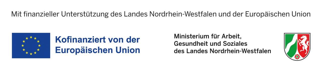 Förderhinweis: Mit finanzieller Unterstützung des Landes Nordrhein-Westfalen und der Europäischen Union. Links das EU-Logo mit gelbem Sternenkreis auf blauem Hintergrund und der Text ‚Kofinanziert von der Europäischen Union‘. Rechts das Logo des Landes Nordrhein-Westfalen neben dem Text ‚Ministerium für Arbeit, Gesundheit und Soziales des Landes Nordrhein-Westfalen‘