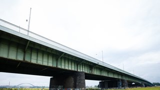 Foto der Josef-Kardinal-Frings-Brücke mit massiven Pfeilern aus dunklem Stein, aufgenommen aus der Froschperspektive. Unter der Brücke ist eine Wiese zu sehen, im Hintergrund eine weitere Brücke über den Fluss. Der Himmel ist hell und leicht bewölkt.