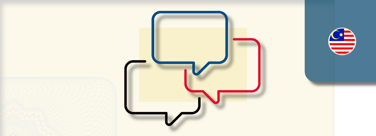 Grafik zeigt drei stilisierte Sprechblasen in Schwarz, Blau und Rot, die sich überlappen und Kommunikation symbolisieren. Rechts oben befindet sich ein rundes Icon mit der Flagge Malaysias.