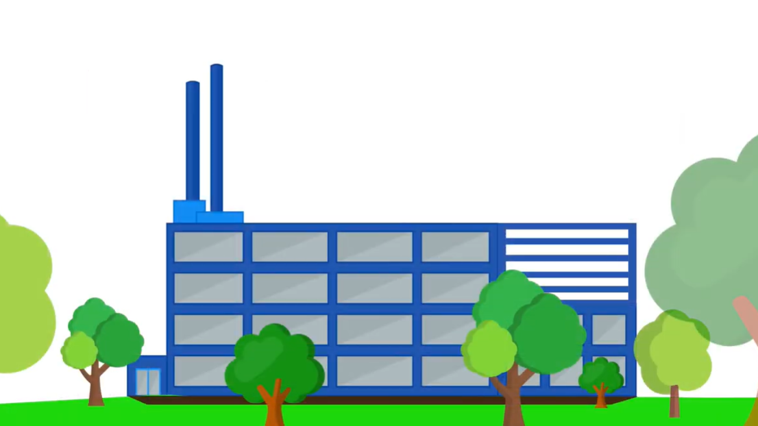 Titelbild für Youtube-Video: Illustration eines mehrstöckigen Industriegebäudes mit Schornsteinen, umgeben von Grünflächen und Bäumen.