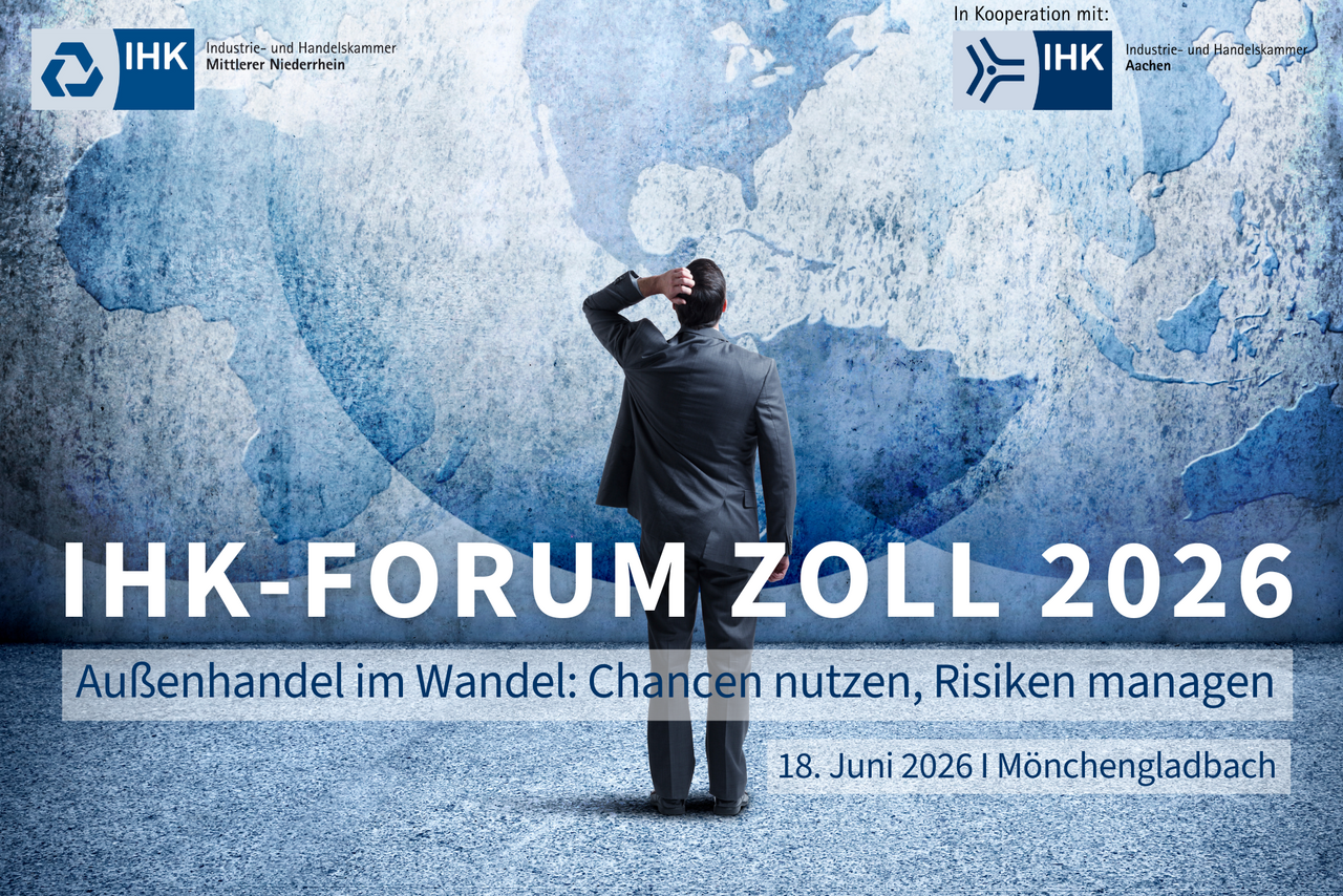 Das Bild zeigt einen Mann der vor drei Weltkugeln steht und sich am Kopf kratzt. Das ist das Titelbild des IHK-Forum Zoll 2026: Außenhandel im Wandel: Chancen nutzen, Risiken managen