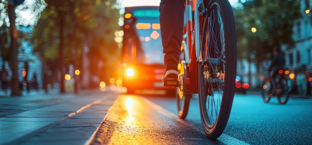 Nahaufnahme eines Fahrradfahrers auf einem städtischen Radweg in der Dämmerung oder am frühen Abend. Im Hintergrund leuchtet ein heranfahrender Bus mit eingeschaltetem Scheinwerferlicht. Weitere Radfahrende und Passant:innen sind unscharf im Hintergrund zu erkennen. Das warme Licht der Straßenbeleuchtung reflektiert auf dem nassen Asphalt.