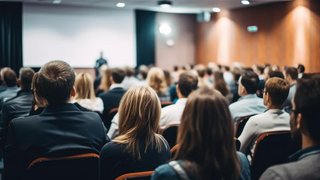 Personen sitzen in einem Konferenzraum und blicken auf eine Bühne mit einem Redner vor einer Leinwand. Die Atmosphäre wirkt konzentriert, als ob eine Präsentation oder ein Vortrag stattfindet. Der Raum ist gut gefüllt und professionell gestaltet.