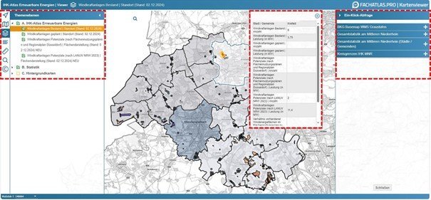 Interaktive Karte aus dem „IHK-Atlas Erneuerbare Energien“ zeigt Windkraftanlagen im Regierungsbezirk Arnsberg (NRW) mit farblich markierten Kommunen. Links befinden sich Themenfilter, in der Mitte eine thematische Gebietskarte mit Symbolen für Anlagen, rechts eine Auswahlbox für einzelne Gemeinden und Detailinformationen.
