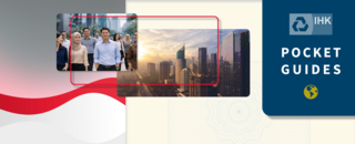 Grafische Header‑Collage mit einer Gruppe von Menschen in urbaner Umgebung, der Skyline von Jakarta bei Sonnenuntergang sowie dem IHK‑Pocket‑Guides‑Design und der Flagge Indonesiens.