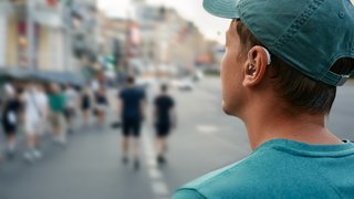 Human life with a hearing aid. Young man with a hearing aid behind the ear in a noisy city hears people around well