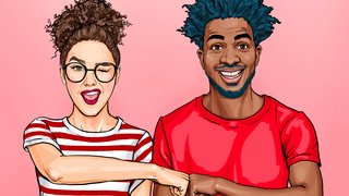 Illustration eines fröhlichen Paares, das sich mit der Faust begrüßt. Die Frau mit lockigem Haar, Brille und rot-weiß gestreiftem T-Shirt zwinkert und lächelt; der Mann mit blauen Locken und rotem T-Shirt lächelt breit. Hintergrund in Rosa gehalten.