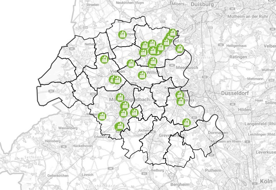 Interaktive Karte aus dem „IHK-Atlas Klima und Natur“ zeigt nachhaltigen Unternehmen im IHK-Bezirk Mittlerer Niederrhein, die an unserer Umfrage teilgenommen haben.