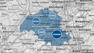 Karte des Niederrheins und des westlichen Ruhrgebiets mit markierten Regionen Kreis Viersen, Krefeld, Mönchengladbach und Rhein-Kreis Neuss. In blauen Flächen sind Zahlen zugeordnet: Kreis Viersen 20.367, Krefeld 13.694, Mönchengladbach 16.603, Rhein-Kreis Neuss 30.008. Umgebung mit Städten wie Düsseldorf, Köln, Duisburg und Venlo ist grau hinterlegt.