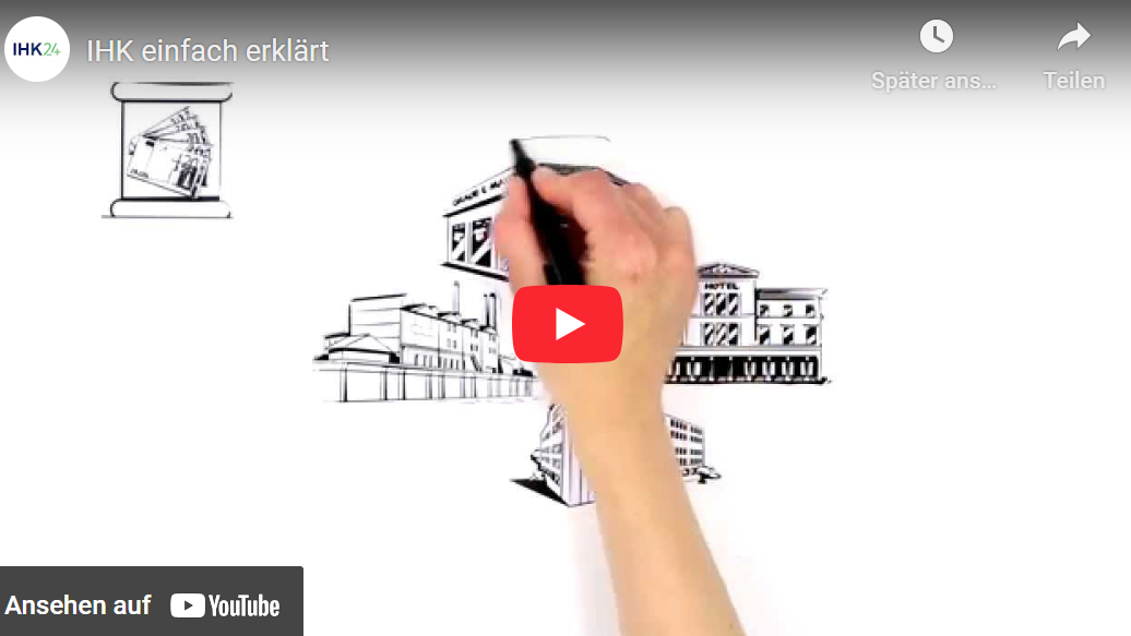Hand zeichnet auf einem Whiteboard stilisierte Gebäude, darunter ein Hotel und Fabriken; Screenshot eines YouTube-Videos mit dem Titel „IHK einfach erklärt“.