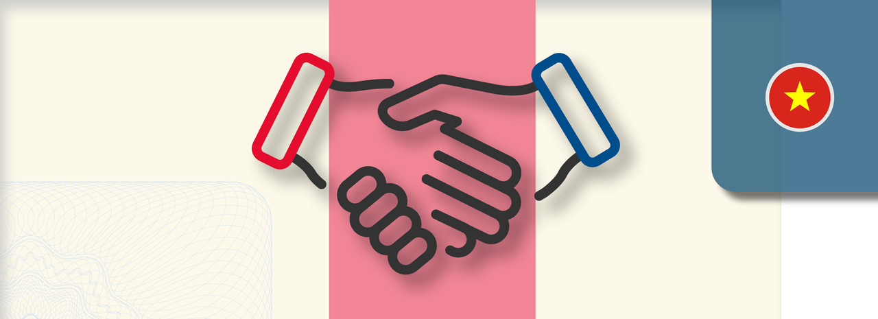 Grafik zeigt zwei stilisierte Hände, die sich zum Handschlag treffen. Die linke Hand ist mit einem roten Ärmel, die rechte mit einem blauen Ärmel dargestellt. Rechts oben befindet sich ein rundes Icon mit der Flagge Vietnams.