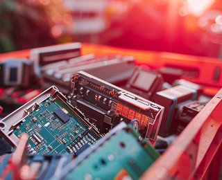 Ein großer, orangefarbener Kunststoffbehälter ist bis zum Rand mit ausrangierten elektronischen Geräten und Bauteilen gefüllt. Im Vordergrund ist deutlich eine grüne Leiterplatte (Platine) mit zahlreichen Lötstellen, Schaltungen und einem schwarzen Chip zu erkennen. Rundherum befinden sich weitere elektronische Teile wie Displays, Gehäuse und Anschlüsse in verschiedenen Farben und Größen. Die Szene ist bei Sonnenuntergang aufgenommen, wodurch ein warmes, rötliches Licht auf die Elektronik fällt. Der Hintergrund ist unscharf, aber es sind verschwommene Gebäude und Bäume zu erkennen.