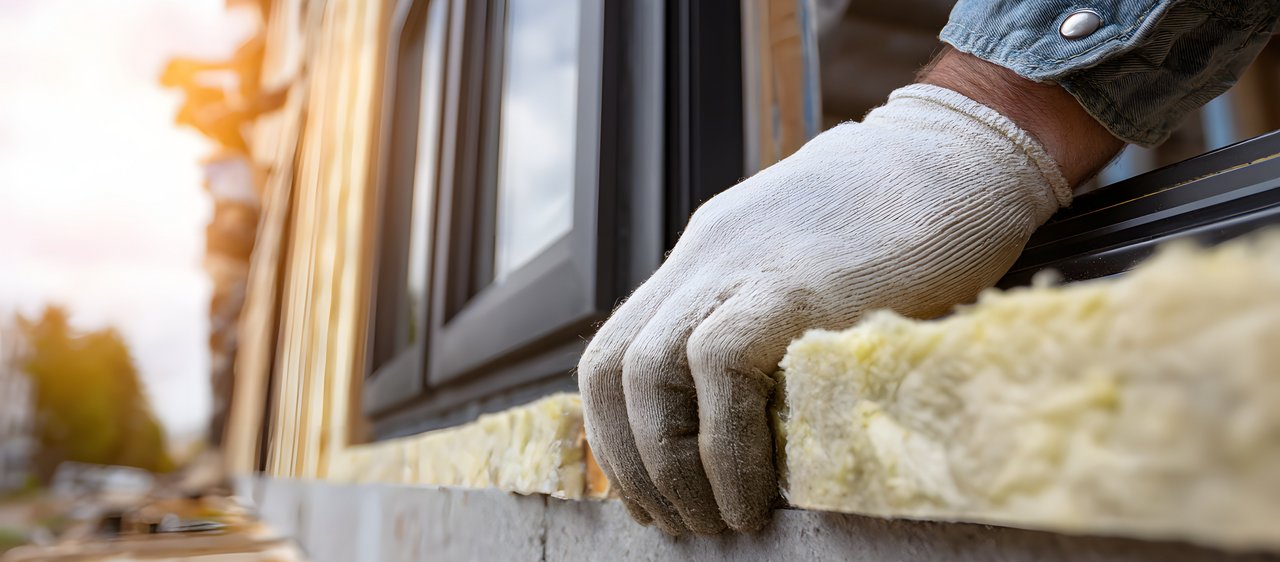 Eine Person mit weißen Arbeitshandschuhen installiert Dämmmaterial aus Mineralwolle an der Außenwand eines Gebäudes unterhalb eines Fensters. Das Gebäude befindet sich im Rohbauzustand.
