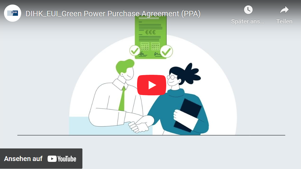 Illustration aus einem YouTube-Video mit dem Titel "Green Power Purchase Agreement (PPA)“. Zwei gezeichnete Personen geben sich die Hand, über ihnen ein grüner Vertrag mit Häkchen-Symbolen.